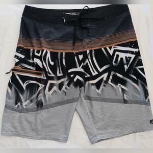 O'NEILL Hyperfreak Board Shorts 32 Zip Pocket Black Gray Brown Surf Beach